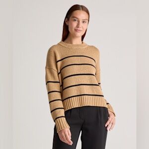 Quince 100% Organic Cotton Striped Crew Sweater in camel/black